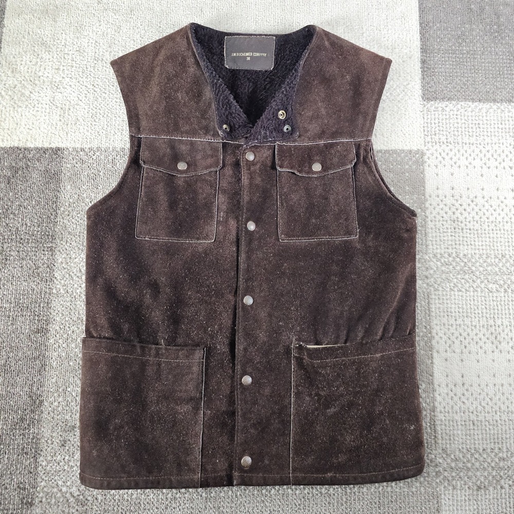 Vintage JM Bucheimer Hunting Leather Vest Sherpa Lined Mens Size 38 Brown‎